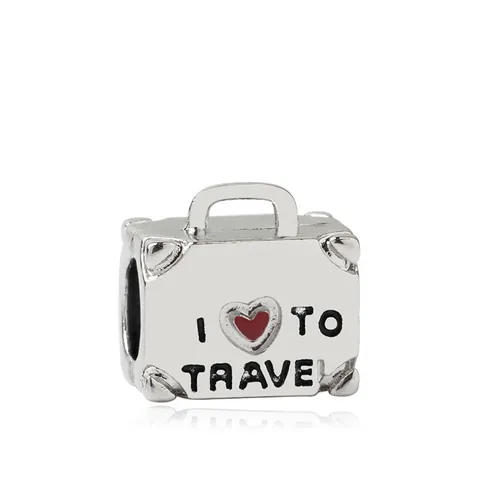 Alloy Suitcase Charm Travel Theme Bead With Red Enamel Heart And I Love To Travel Slogan For DIY Bracelet Jewelry Making