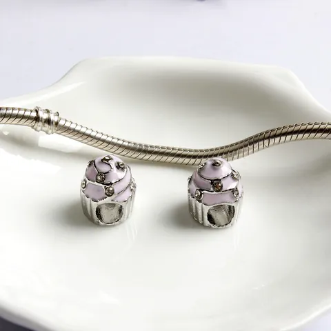Alloy Pink Enamel Cupcake Charm Bead With White Zirconia For DIY Bracelet Making Women Jewelry Accessories