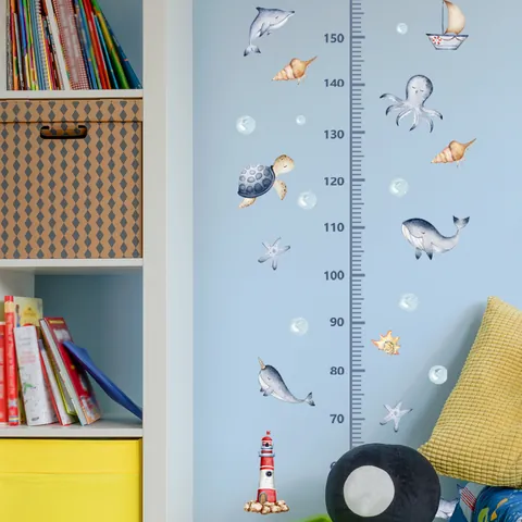 Cartoon Ocean Theme Marine Animal Kids Room Growth Chart Wall Sticker Self Adhesive PVC Height Ruler For Nursery Bedroom Decals