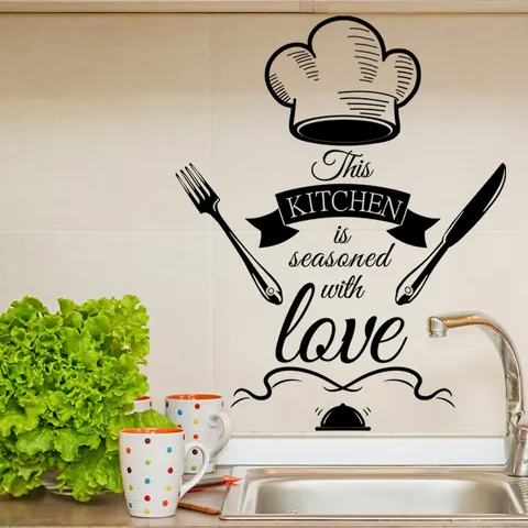 Keuken Muursticker This KITCHEN Is Seasoned With Love Quote Koksmuts Mes Vork Zwart PVC Zelfklevende Muursticker Voor Huisdecoratie