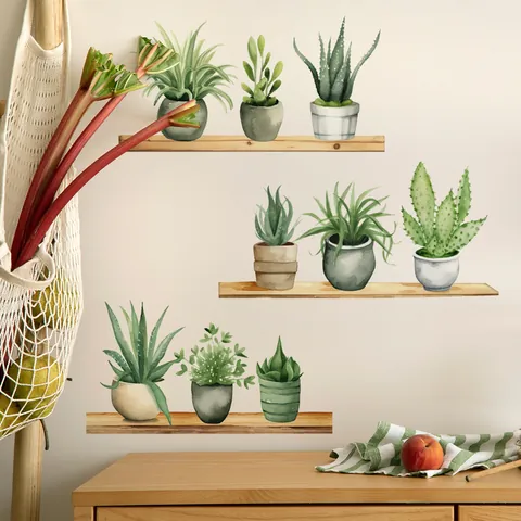 Pegatinas De Pared Plantas Verdes En Macetas Acuarela PVC Autoadhesivas Suculentas Cactus En Estantes Madera Decoración