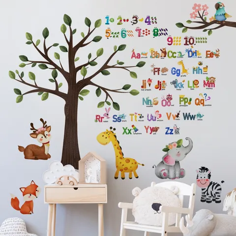 Cartoon Tiere Englisches Alphabet Baum Vogel Kinderzimmer Dekorative Wandaufkleber PVC Selbstklebend Pädagogische Tapete Für Kindergarten Klassenzimmer