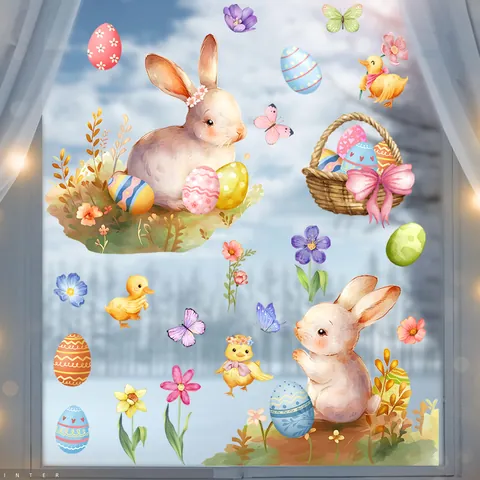 Wasserfarben Osterhase Eier Fensteraufkleber Doppelseitige Statische PVC Glasaufkleber Für Frühling Home Dekor Feiertag