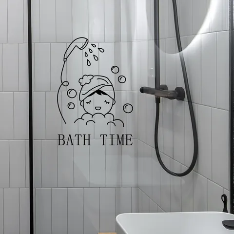Cartoon Bath Time Bathroom Wall Sticker Creative PVC Line Drawing Character Bubbles Decal For Toilet Shower Glass Door Decor