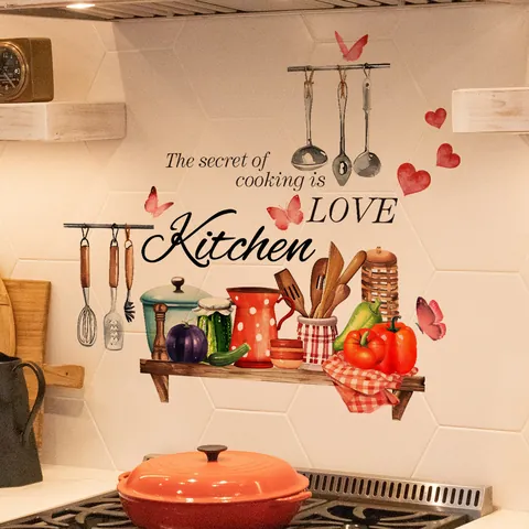 Kreativ Aquarell Küche Wandtattoo PVC Wasserdicht Gemüse Küchenutensilien Muster DIY Heimdekoration Wandaufkleber Für Esszimmer