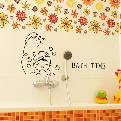 Cartoon Bath Time Bathroom Wall Sticker Creative PVC Line Drawing Character Bubbles Decal For Toilet Shower Glass Door Decor