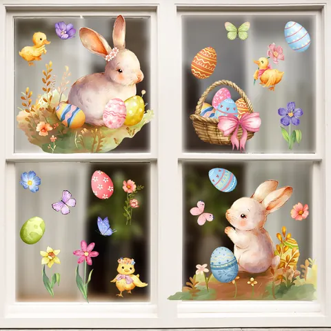 Wasserfarben Osterhase Eier Fensteraufkleber Doppelseitige Statische PVC Glasaufkleber Für Frühling Home Dekor Feiertag
