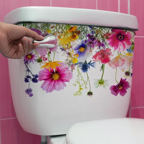 Pegatina De Inodoro Floral Colorida Autoadhesiva Impermeable Flor Calcomanía De Pared Para Baño Tanque Armario Hogar Decoración Arte