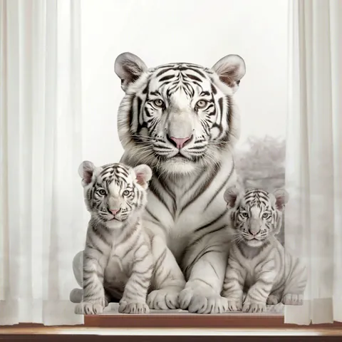 Realistische Aquarell Weißer Tiger Familie Fensteraufkleber Statisch Haftend PVC Glasaufkleber Für Wohnzimmer Schlafzimmer Deko