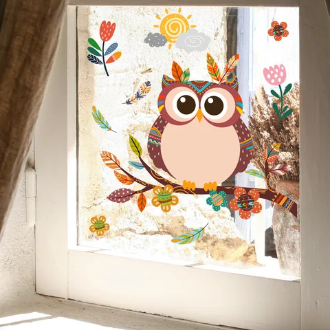 Cartoon Owl Floral Branch Window Sticker Double Sided Visible Static PVC Wall Decal For Kids Room Living Room Home Decor