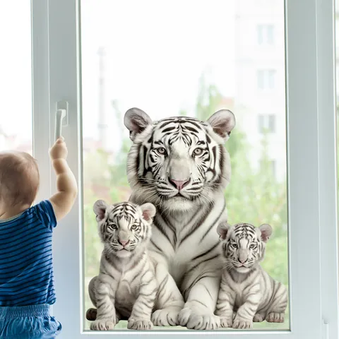 Realistische Aquarell Weißer Tiger Familie Fensteraufkleber Statisch Haftend PVC Glasaufkleber Für Wohnzimmer Schlafzimmer Deko