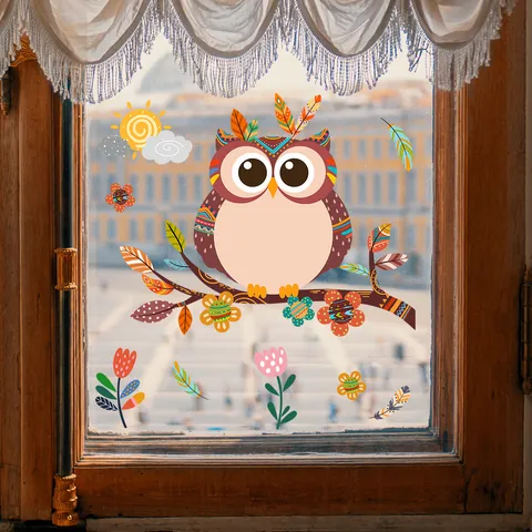 Cartoon Owl Floral Branch Window Sticker Double Sided Visible Static PVC Wall Decal For Kids Room Living Room Home Decor