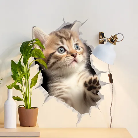 3D Schattige Kat Die Door De Muur Breekt Toiletdeksel Sticker Verwijderbare PVC Waterdichte Muursticker Voor Badkamer Huis Decoratie