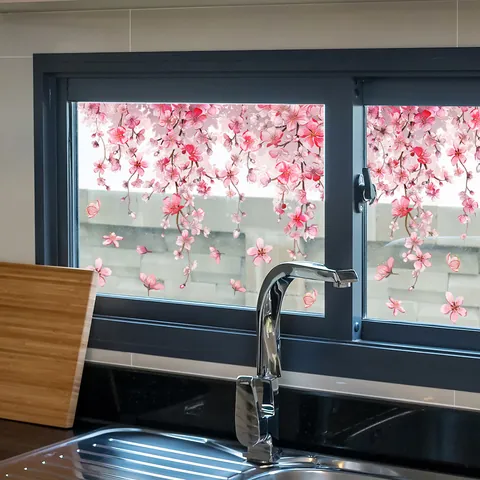 Creative Pink Cherry Blossom Static Window Cling Double-Sided Printed PVC Floral Wall Sticker For Home Living Room Decor