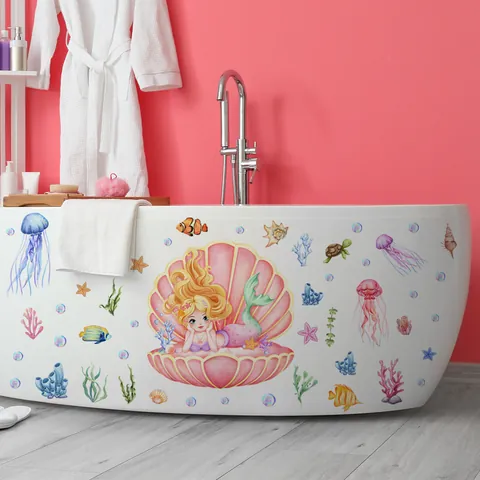 Cartoon Meerjungfrau Ozeanwelt Wandaufkleber Wasserdicht PVC Unterwasserwesen Dekore Für Badezimmer Badewanne Kinderzimmer