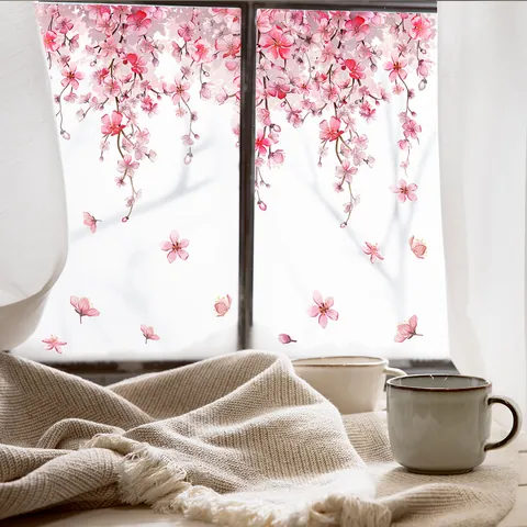 Pink Sakura Flower Static Window Sticker PVC Double Sided Printing Cherry Blossom Butterfly Glass Decal For Home Decor
