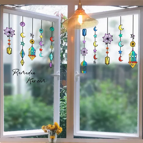 Ramadan Kareem Window Stickers Colorful Lantern Moon Star Festive PVC Wall Decals For Home Glass Display Party Decor
