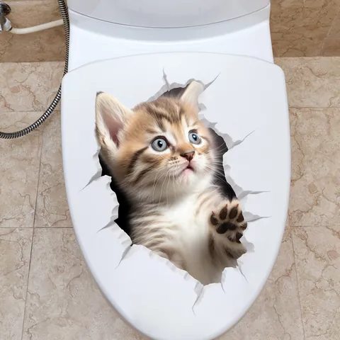 3D Schattige Kat Die Door De Muur Breekt Toiletdeksel Sticker Verwijderbare PVC Waterdichte Muursticker Voor Badkamer Huis Decoratie