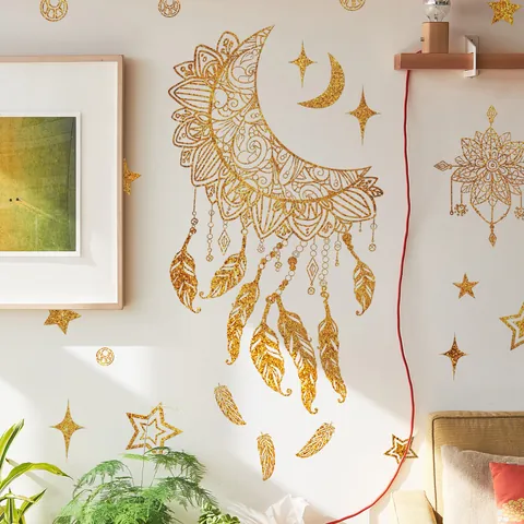 Golden Glitter Moon Star Dream Catcher Wall Stickers Mandala PVC Bohemian Decals For Bedroom Living Room Home Decor