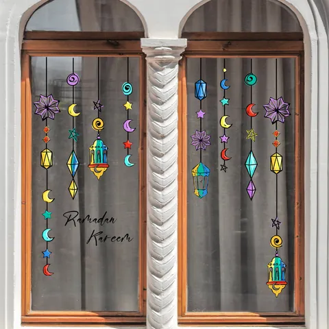 Ramadan Kareem Window Stickers Colorful Lantern Moon Star Festive PVC Wall Decals For Home Glass Display Party Decor