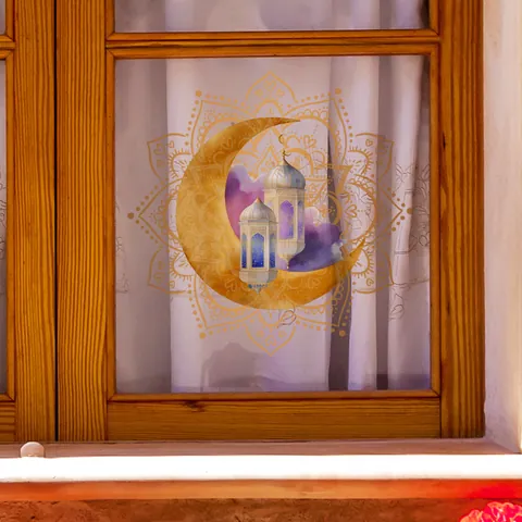 Ramadan Eid Mond Laterne Mandala Fensteraufkleber Lila Gold PVC Doppelseitig Sichtbar Dekoratives Wandtattoo Für Zuhause