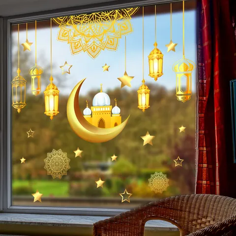 Golden Ramadan Mubarak Window Clings Moon Star Lantern Mosque Decals Double Sided Eid Al Fitr Home Decor PVC Stickers For Glass