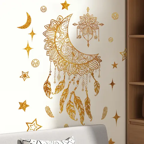 Gold Glitter Mandala Moon Star Feather Wall Sticker Bohemian PVC Self Adhesive Wall Decal For Bedroom Living Room Decor