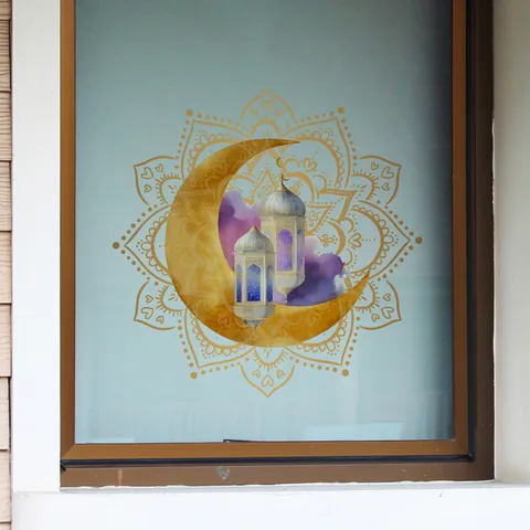 Ramadan Eid Mond Laterne Mandala Fensteraufkleber Lila Gold PVC Doppelseitig Sichtbar Dekoratives Wandtattoo Für Zuhause
