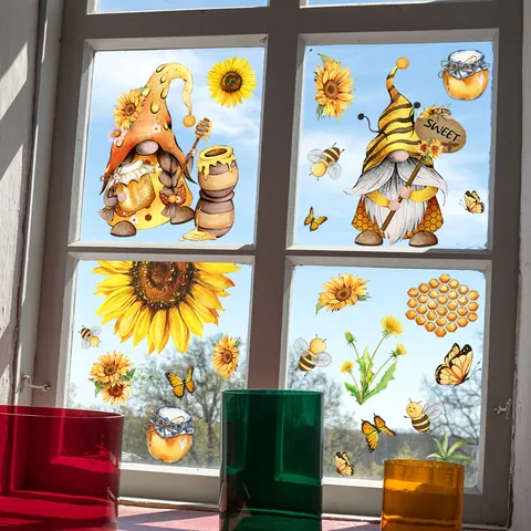 Pegatinas de Ventana de Dibujos Animados Abeja Gnomo Girasol Adherencia Estática PVC Calcomanías Decorativas para Ventanas de Vidrio Hogar