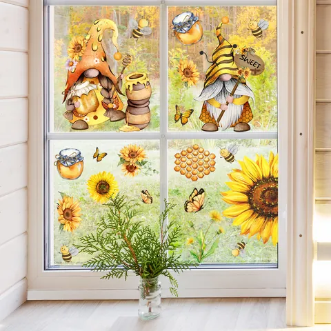 Pegatinas de Ventana de Dibujos Animados Abeja Gnomo Girasol Adherencia Estática PVC Calcomanías Decorativas para Ventanas de Vidrio Hogar