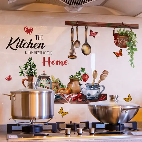 Kitchen Is The Heart Of The Home Wall Stickers PVC Decorative Decal Butterflies Floral Cookware For Kitchen Dining Room Background Decor