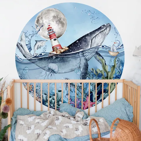 Große Runde Ozean Wal Leuchtturm Wandaufkleber Aquarell Meereslebewesen Dekor Für Kinderzimmer Schlafzimmer Wandtattoos