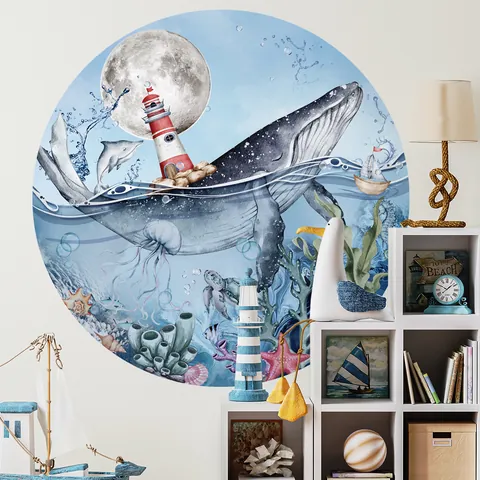 Große Runde Ozean Wal Leuchtturm Wandaufkleber Aquarell Meereslebewesen Dekor Für Kinderzimmer Schlafzimmer Wandtattoos