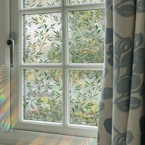 Statisch Haftende Fensterfolie Grüne Blätter Ranke Sichtschutz Milchglas Aufkleber Dekorativ Regenbogen Effekt Für Fenster
