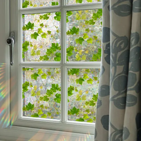 Static Cling Window Film Privacy Rainbow 3D Mosaic Green Leaves Vines Decorative Glass Sticker Non Adhesive Heat Control