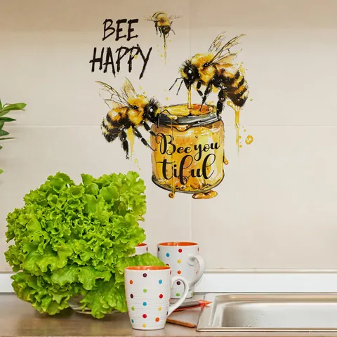Watercolor Bee Honey Jar Wall Sticker Removable PVC Decal For Refrigerator Kitchen Decor Bee Happy Lettering Art Home Ornament