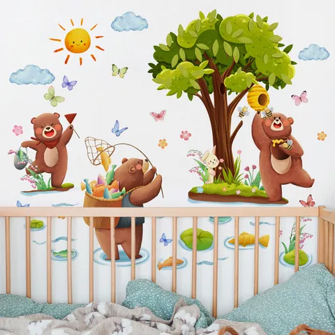 Cartoon Bear Forest Tree Wall Stickers Kids Bedroom Nursery Decor Waterproof Removable PVC Animal Butterfly Art Decal
