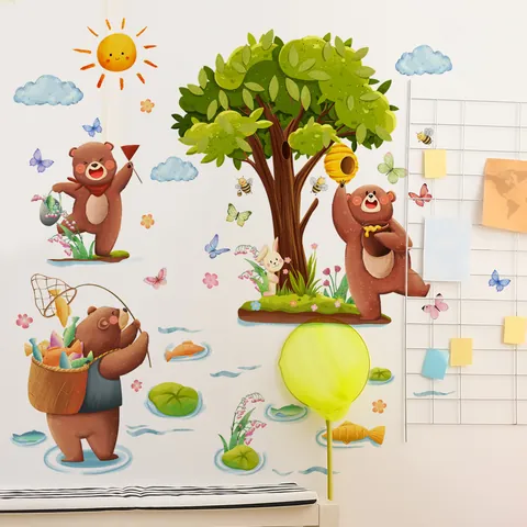 Cartoon Bear Forest Tree Wall Stickers Kids Bedroom Nursery Decor Waterproof Removable PVC Animal Butterfly Art Decal