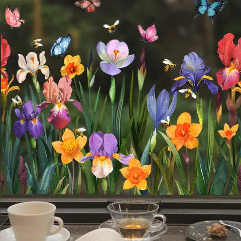 Bunte Schmetterling Blume Fensteraufkleber Statisch Haftend PVC Glasaufkleber Wohnzimmer Schlafzimmer Home Decor Aquarell