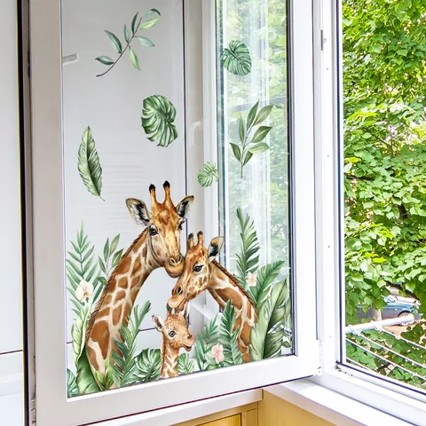 Giraffe Family Tropical Leaves Window Stickers Watercolor PVC Double Sided Wall Decals For Kids Room Nursery Decoration
