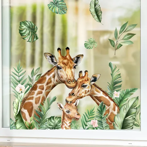 Giraffe Family Tropical Leaves Window Stickers Watercolor PVC Double Sided Wall Decals For Kids Room Nursery Decoration