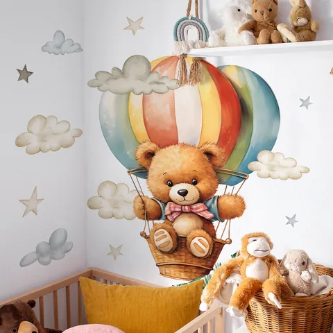 Cartoon Bear Hot Air Balloon Wall Stickers For Kids Room Nursery Decor Removable PVC Clouds Stars Watercolor Wallpaper DIY Mural