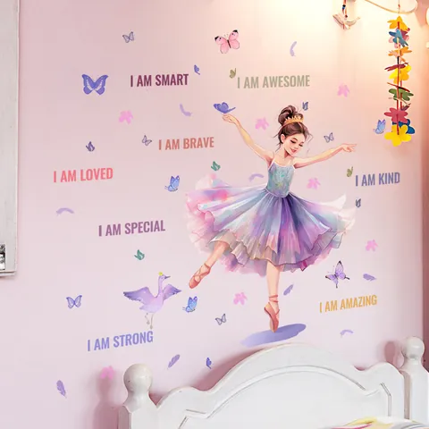 Sticker Mural Fille de Ballet Dessin Animé Citations Motivation Papillon Violet PVC Décalcomanie Murale Chambre d'Enfant