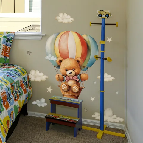 Cartoon Bear Hot Air Balloon Wall Stickers For Kids Room Nursery Decor Removable PVC Clouds Stars Watercolor Wallpaper DIY Mural