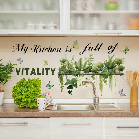 Küche Wandtattoo Grüne Topfpflanzen Schmetterling My Kitchen Is Full Of Vitality PVC Abnehmbar Nordisch Heimdekoration