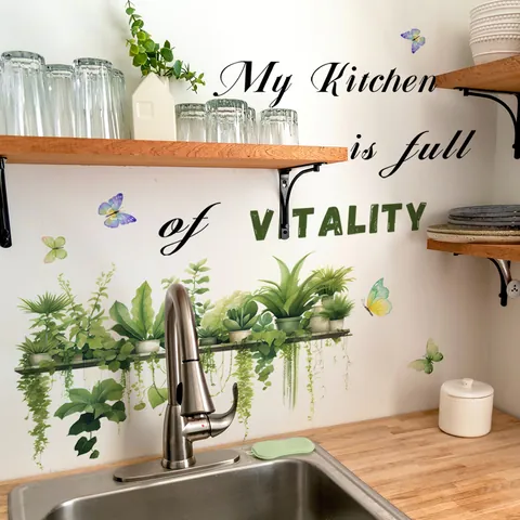 Küche Wandtattoo Grüne Topfpflanzen Schmetterling My Kitchen Is Full Of Vitality PVC Abnehmbar Nordisch Heimdekoration