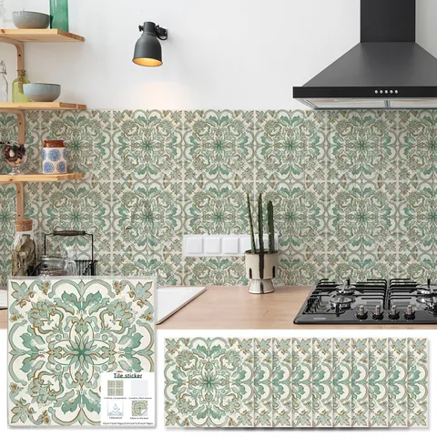 Vintage Mandala Wall Sticker Waterproof PVC Self Adhesive Tile Decal For Kitchen Bathroom Home Decor Green Beige Floral Decoration