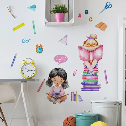 Pegatinas de Pared de PVC de Niña Leyendo de Dibujos Animados en Acuarela para Dormitorio Infantil Estudio Tema Educativo