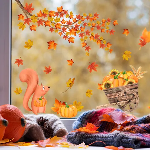 Pegatinas Ventana Otoño Hoja de Arce Calabaza Ardilla Adhesivos Estáticos Acción de Gracias Halloween Doble Cara Decoración Hogar