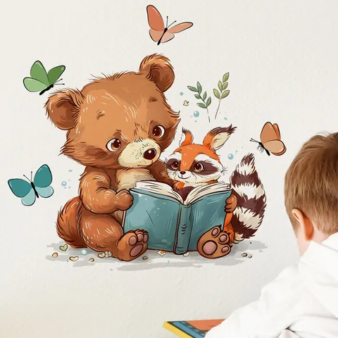 Watercolor Cartoon Bear Raccoon Reading Books Butterfly Wall Sticker PVC Self Adhesive Decal For Kids Room Nursery Decor